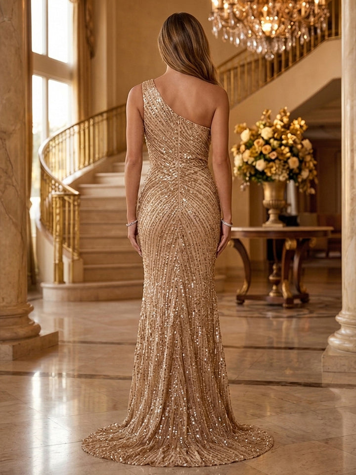 Sequin Mermaid One Shoulder Front Slit Ruched Evening Dresses