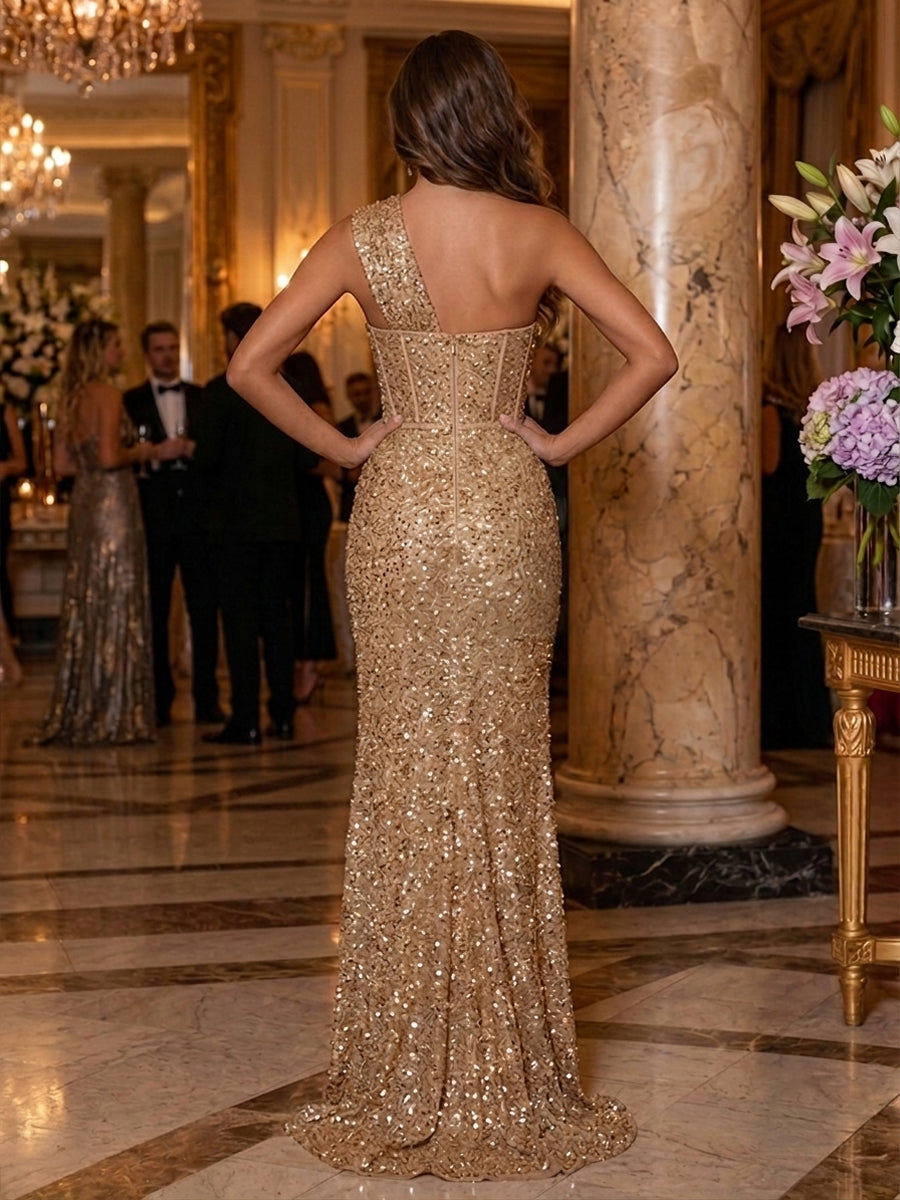 Sequin Sheath One Shoulder Side Slit Ruched Evening Dresses