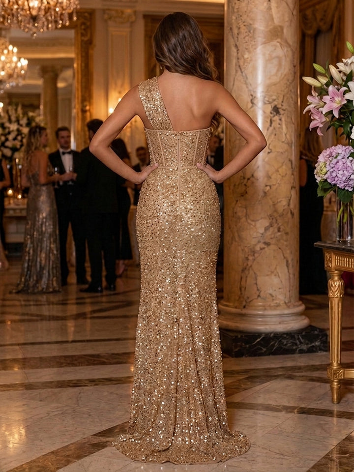 Sequin Sheath One Shoulder Side Slit Ruched Evening Dresses