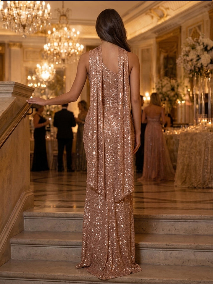 Sequin Sheath One Shoulder Scarf Ruched Evening Dresses