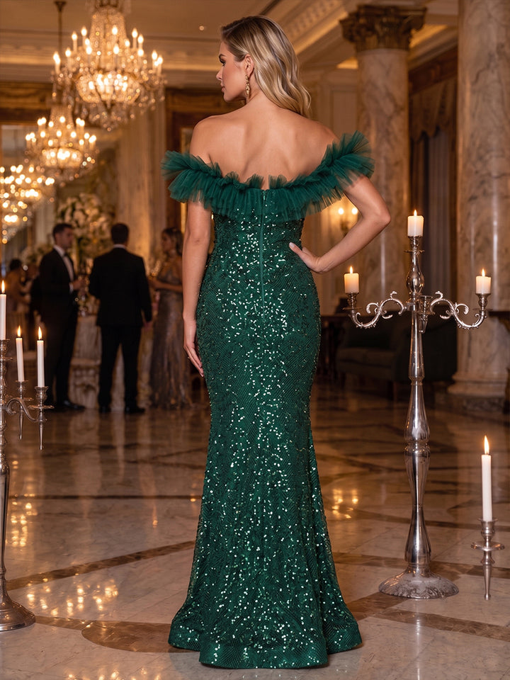 Sequin Mermaid Off the Shoulder Ruffles Ruched Evening Dresses