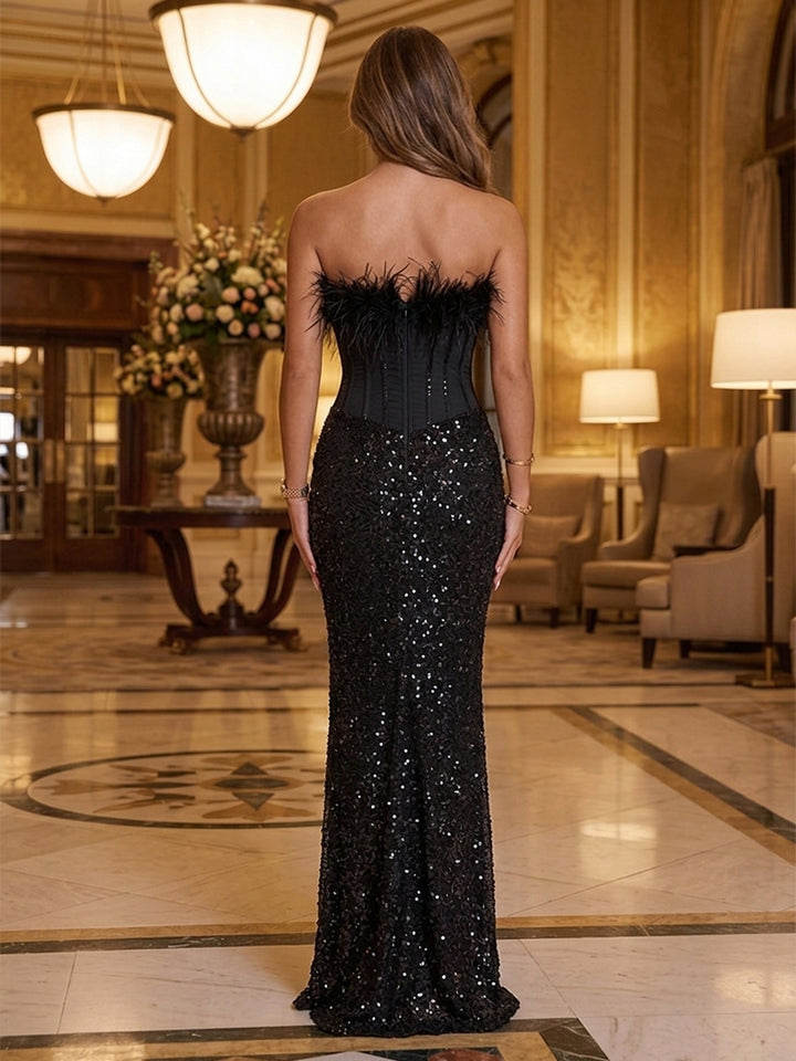 Sequin Mermaid Strapless Feather Ruched Evening Dresses