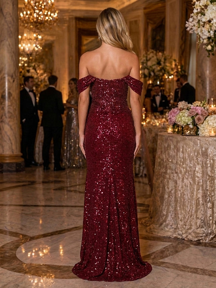 Sequin Mermaid Off the Shoulder Side Slit Ruched Evening Dresses