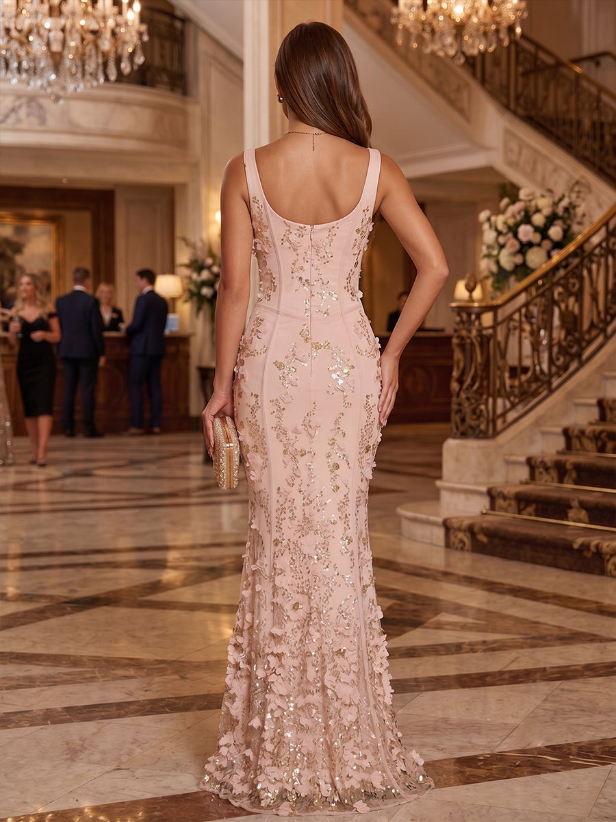 Sequin Floral Mermaid Scoop Neck 3D Flowers Ruched Evening Dresses
