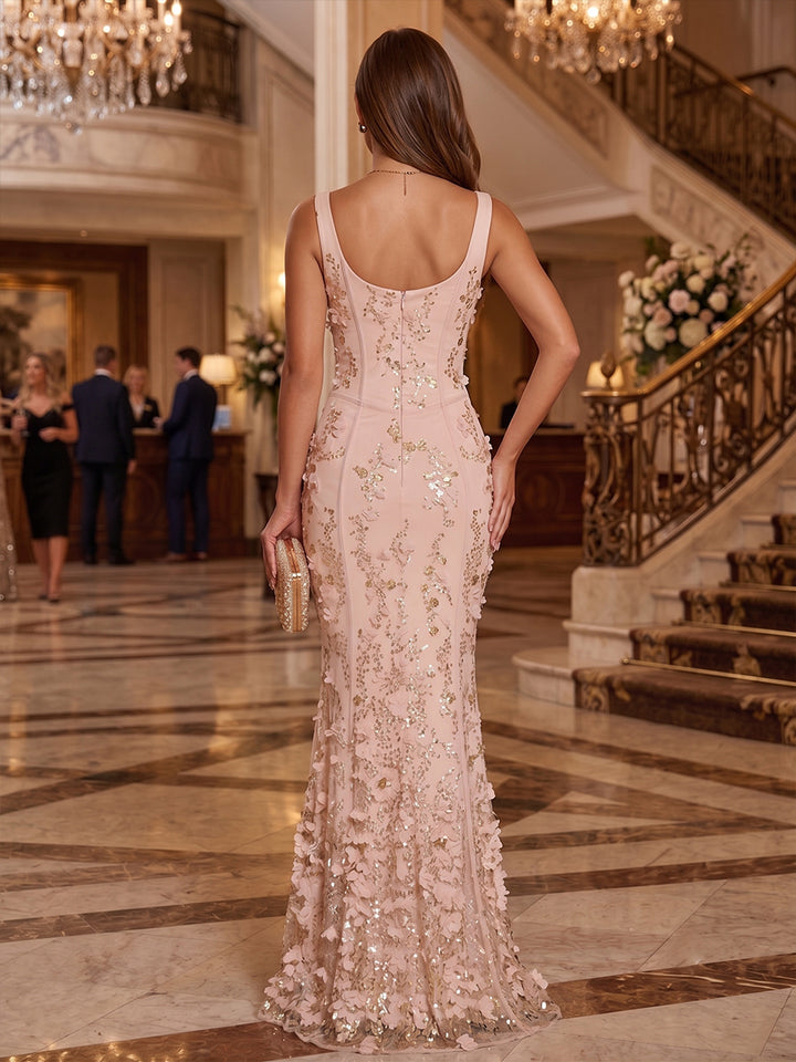 Sequin Floral Mermaid Scoop Neck 3D Flowers Ruched Evening Dresses
