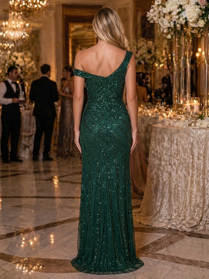 Sequin Mermaid Off the Shoulder Side Slit Ruched Evening Dresses