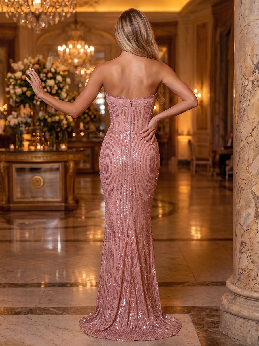 Sequin Mermaid Strapless 3D Flowers Sash Evening Dresses