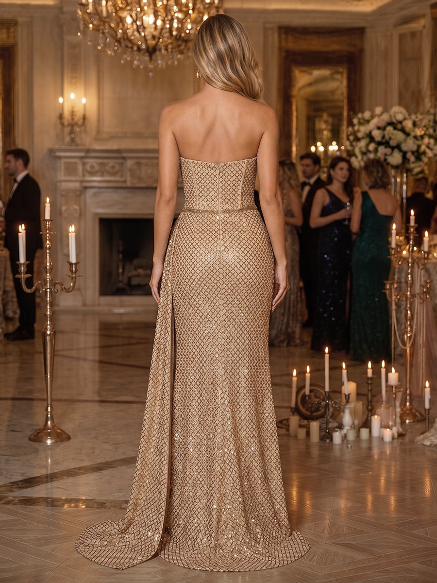 Sequin Mermaid Strapless Sash Ruched Evening Dresses