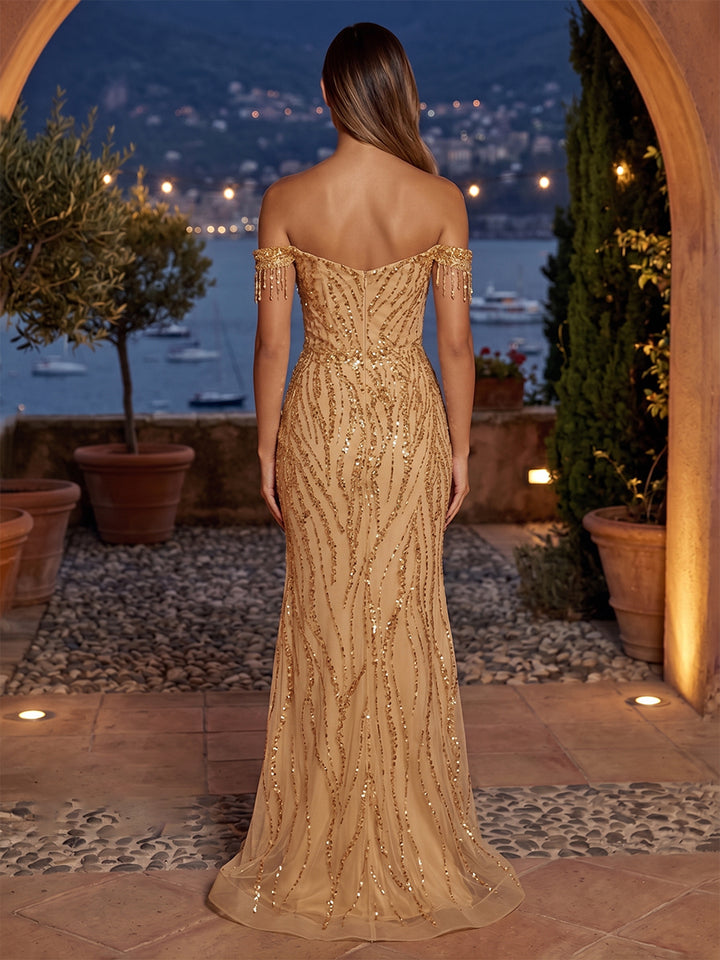 Sequin Mermaid Off the Shoulder Sequin Ruched Evening Dresses