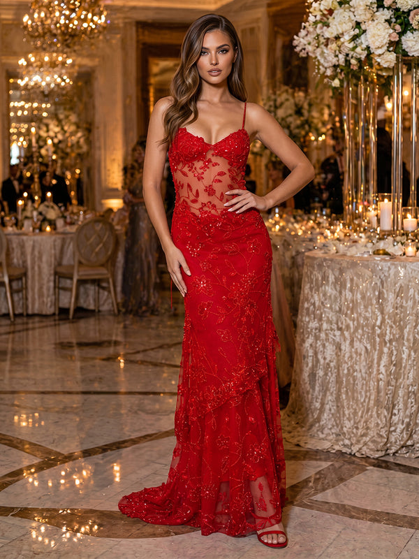 Sequin Floral Mermaid Spaghetti Straps Glitter elegent Evening Dresses for Women