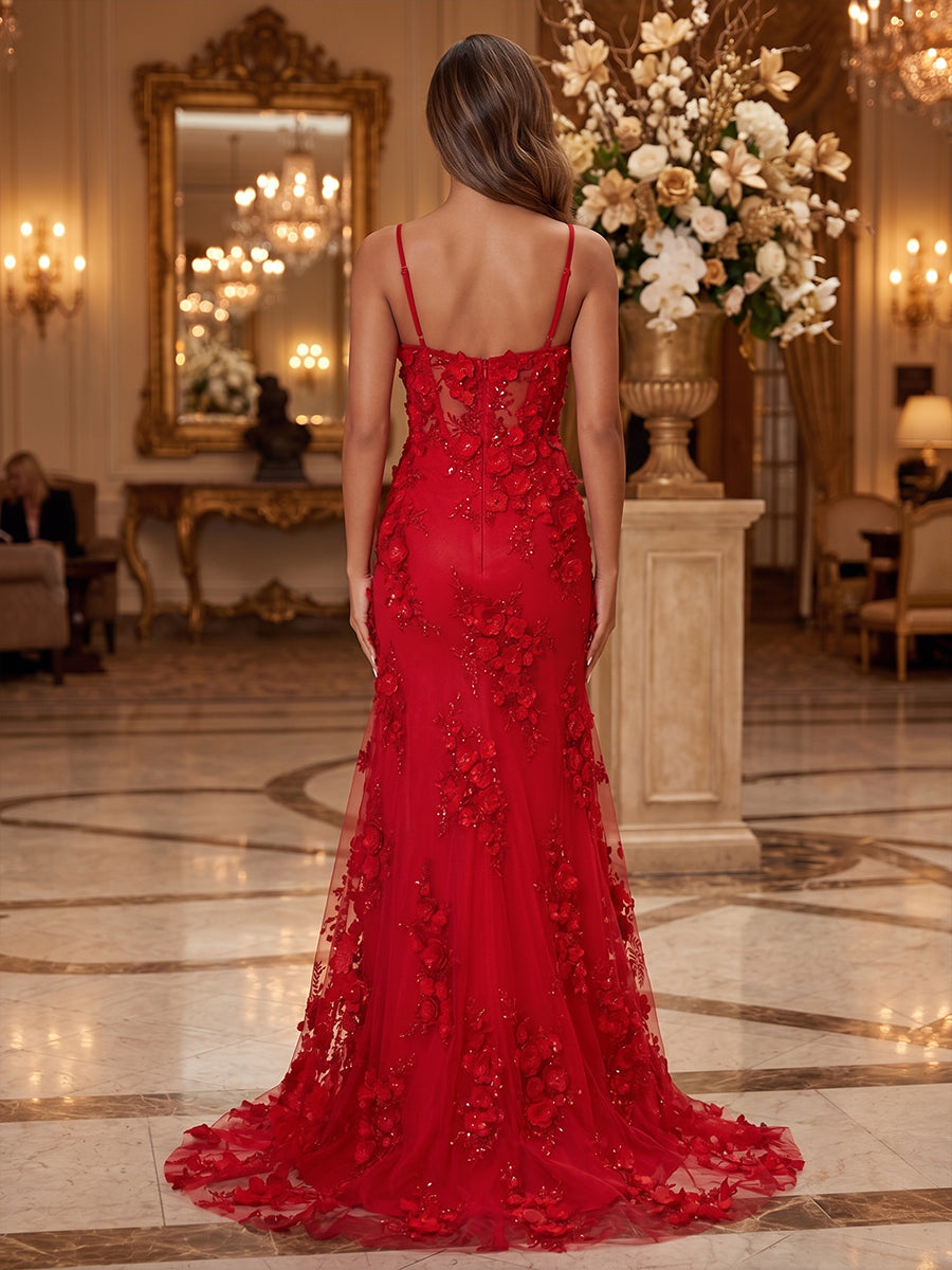 Sequin Floral Mermaid Spaghetti Straps Glitter elegent Evening Dresses