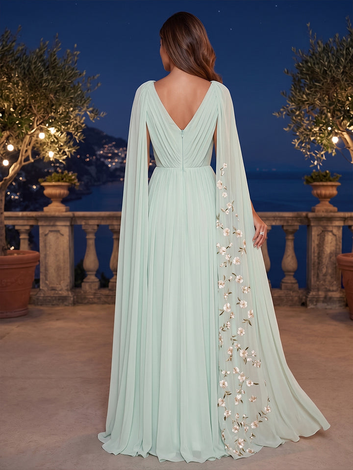 Chiffon A Line V Neck Feather Ruched Evening Dresses
