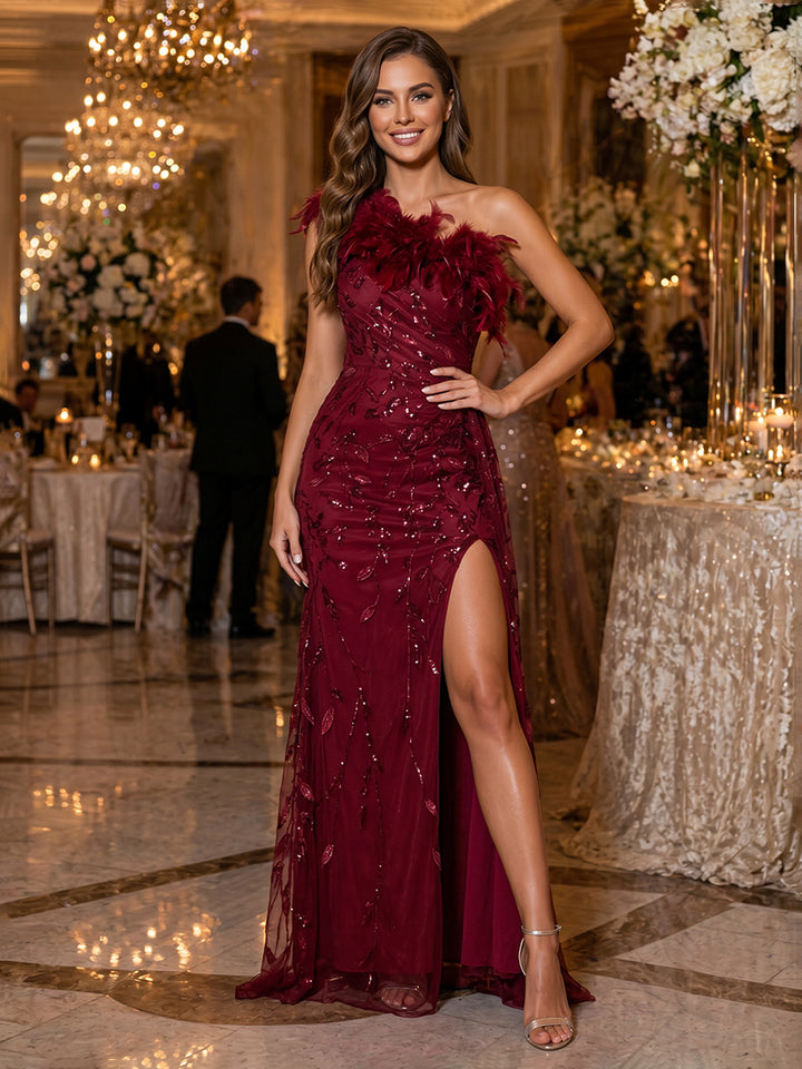 Sequin Floral Mermaid One Shoulder Feather Ruched Evening Dresses