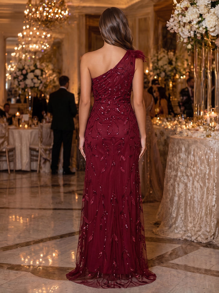 Sequin Floral Mermaid One Shoulder Feather Ruched Evening Dresses
