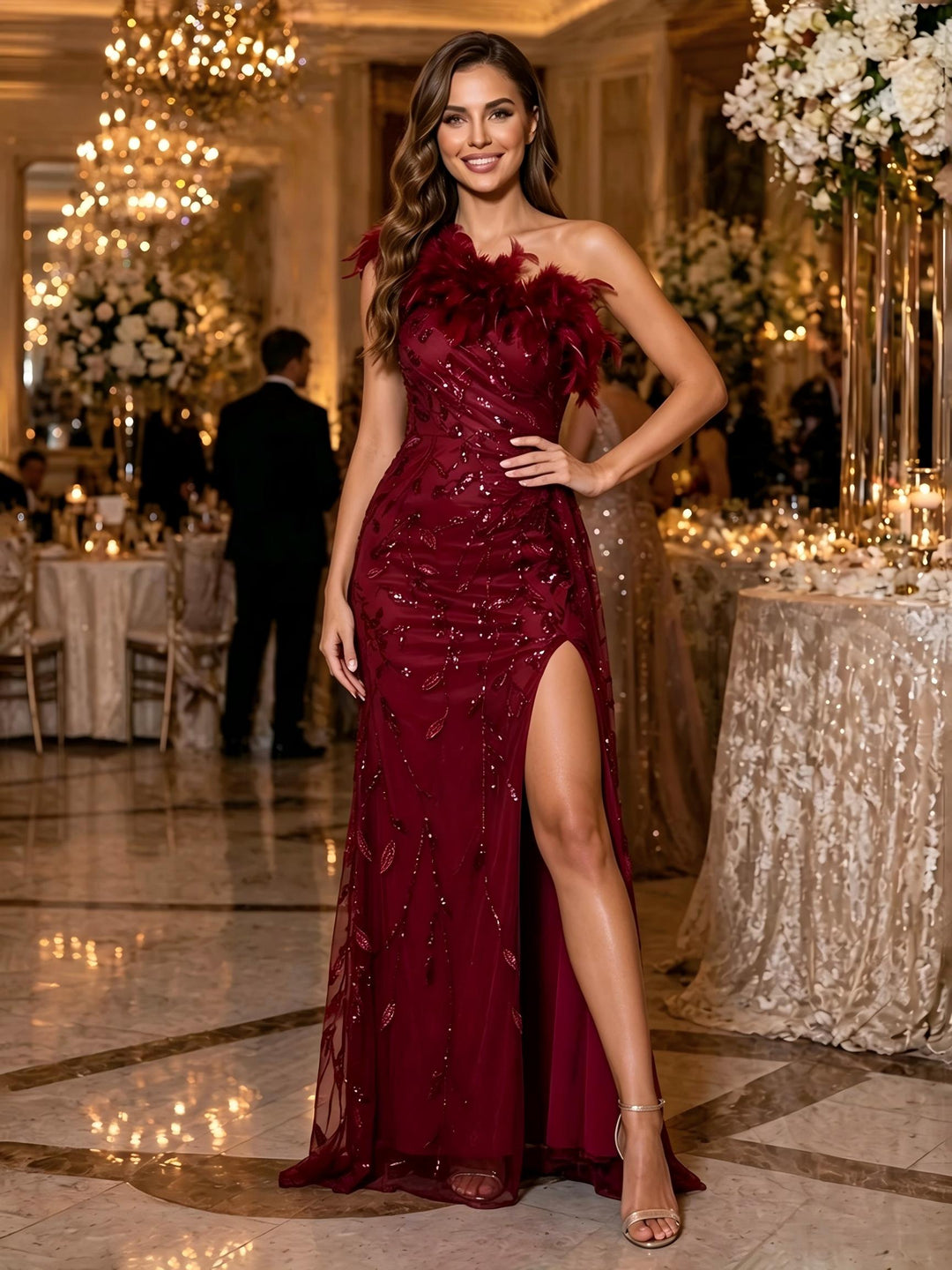 Sequin Floral Mermaid One Shoulder Feather Ruched Evening Dresses