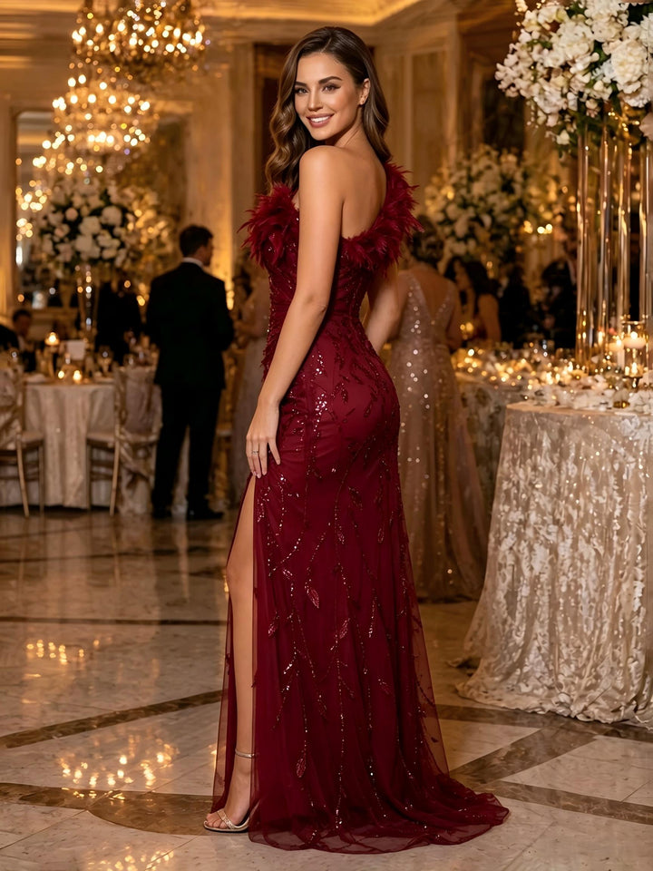 Sequin Floral Mermaid One Shoulder Feather Ruched Evening Dresses