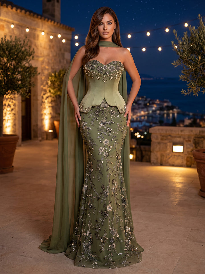 Sequin Floral Mermaid Strapless Scarf Ruched Evening Dresses