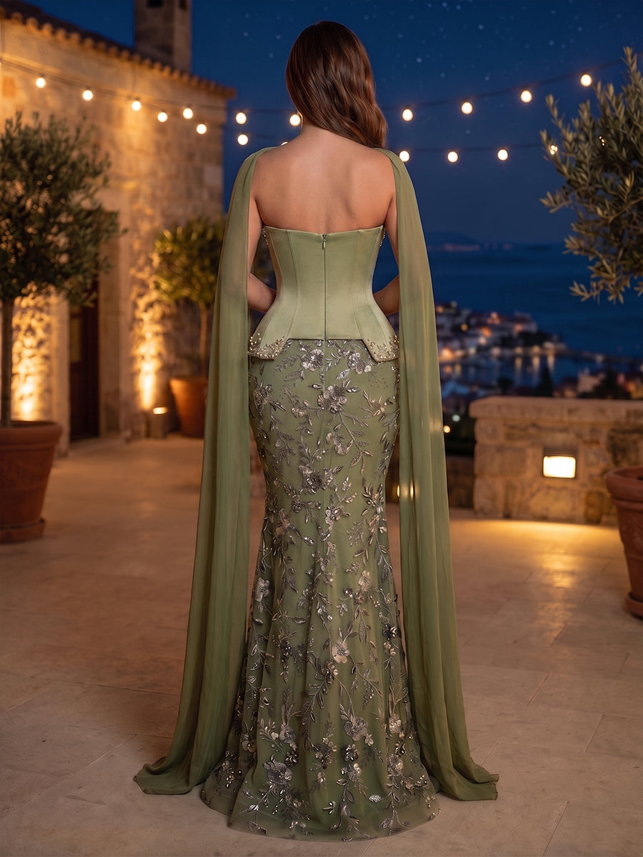 Sequin Floral Mermaid Strapless Scarf Ruched Evening Dresses