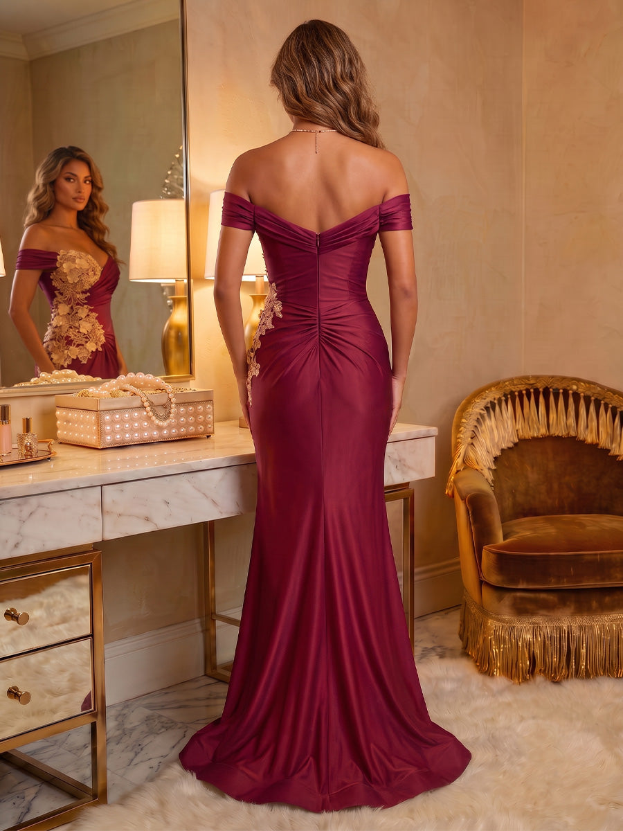 Satin Mermaid Off the Shoulder Lace Appliques Ruched Evening Dresses