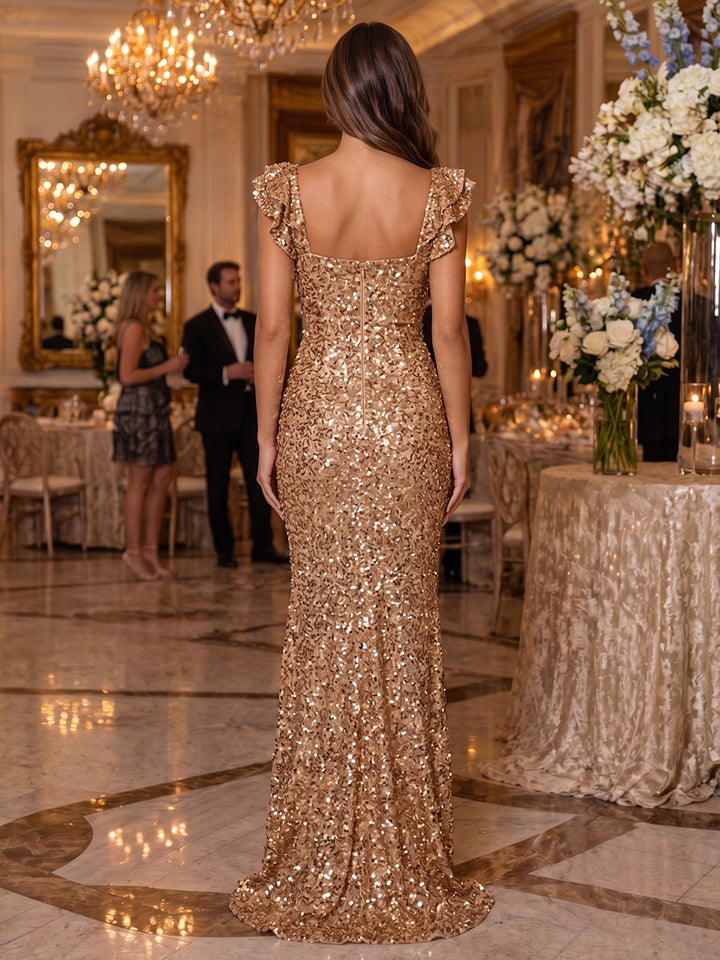 Sequin Mermaid Square Neck Ruffles Ruched Evening Dresses