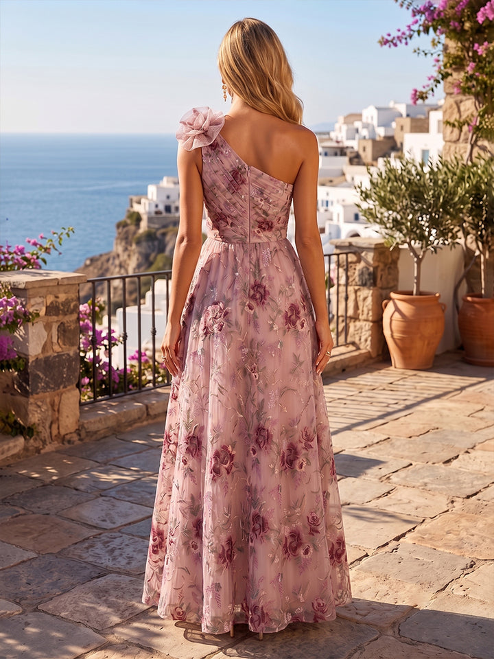 Sequin Floral A Line One Shoulder 3D Flowers Ruched Evening Dresses