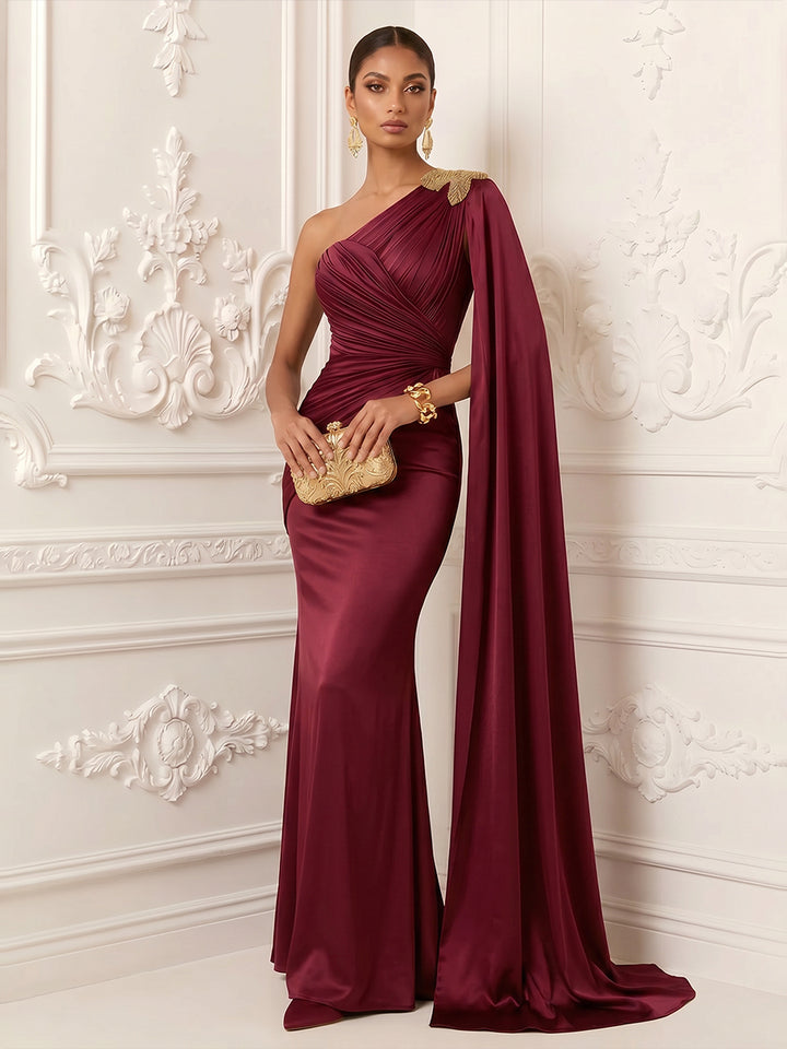 Satin Mermaid One Shoulder Sash Ruched Evening Dresses