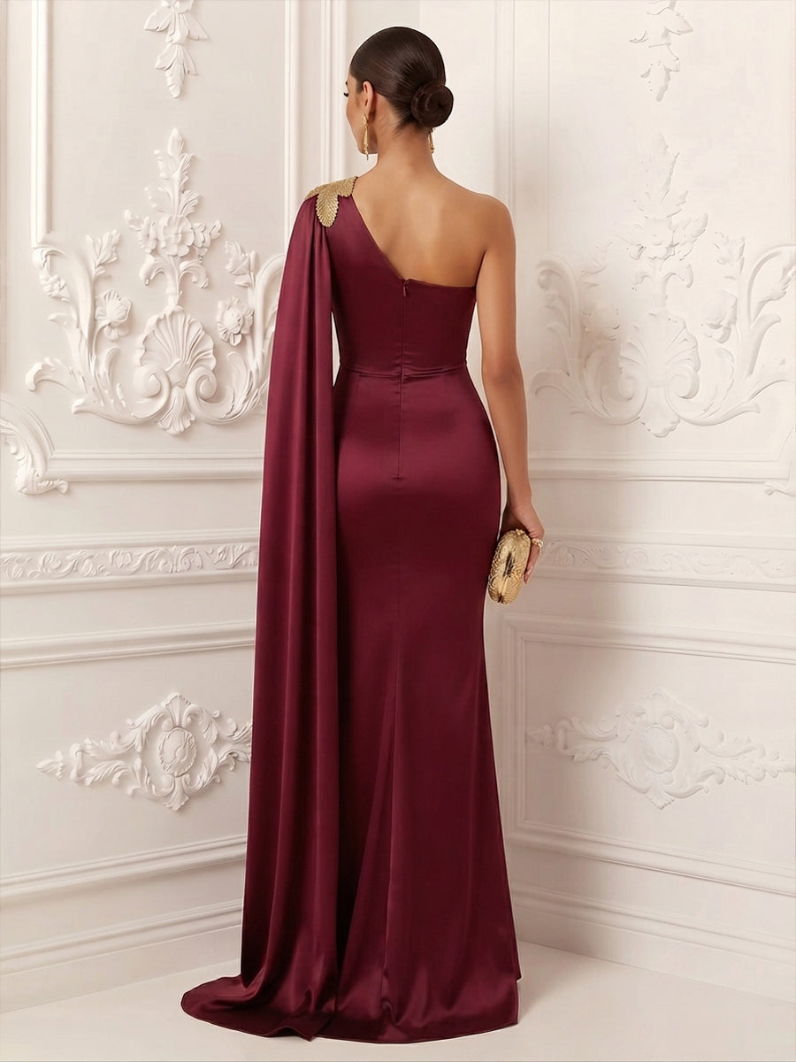 Satin Mermaid One Shoulder Sash Ruched Evening Dresses