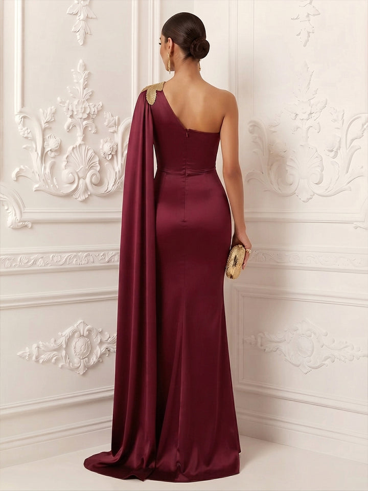 Satin Mermaid One Shoulder Sash Ruched Evening Dresses