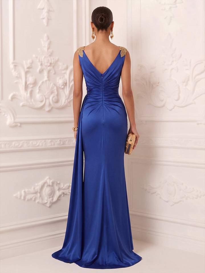 Satin Mermaid V Neck Sash Ruched Evening Dresses