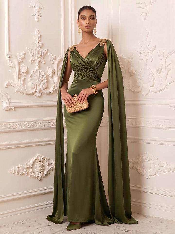 Satin Mermaid V Neck Sash Ruched Evening Dresses