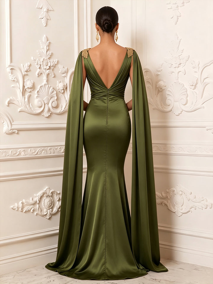 Satin Mermaid V Neck Sash Ruched Evening Dresses