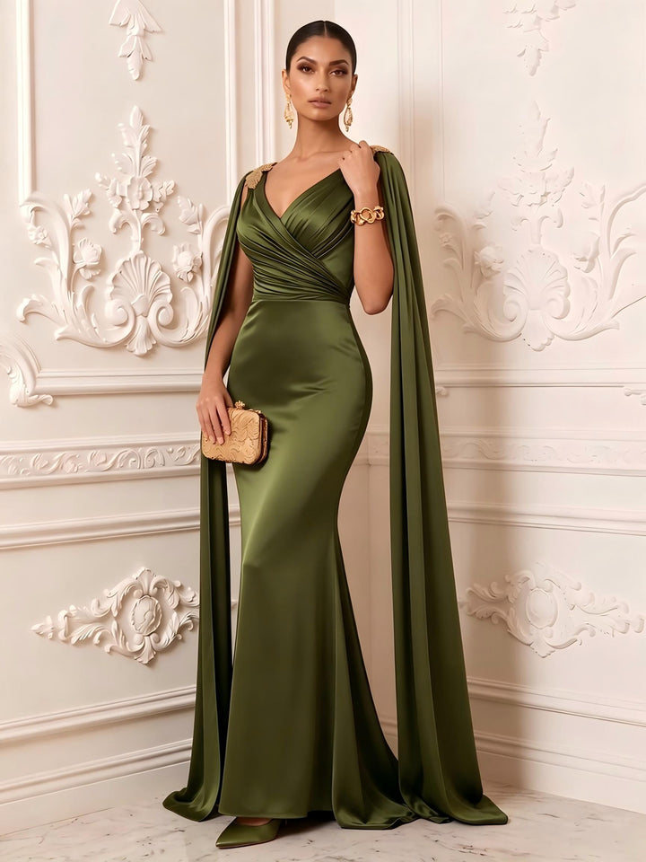 Satin Mermaid V Neck Sash Ruched Evening Dresses