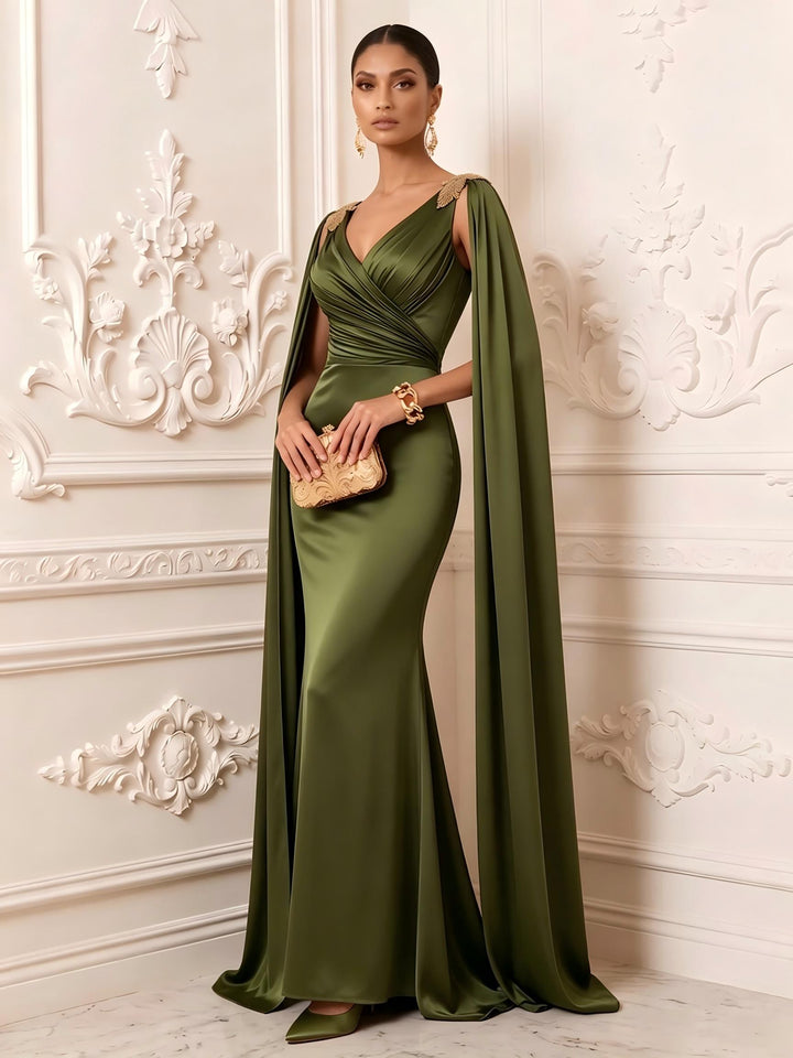 Satin Mermaid V Neck Sash Ruched Evening Dresses