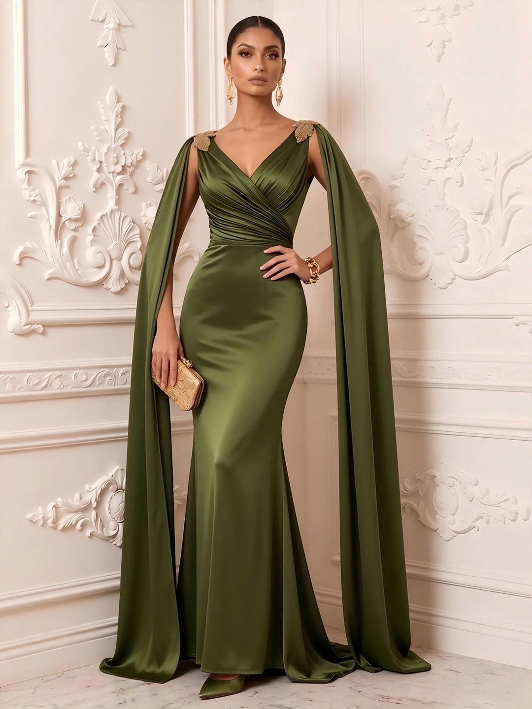 Satin Mermaid V Neck Sash Ruched Evening Dresses