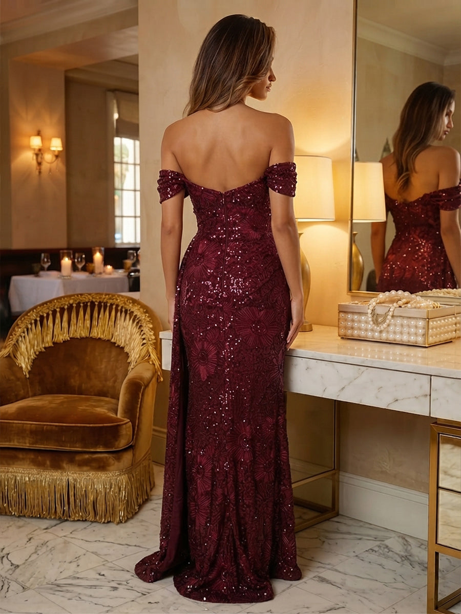 Sequin Floral Mermaid Off the Shoulder Sash Ruched Evening Dresses