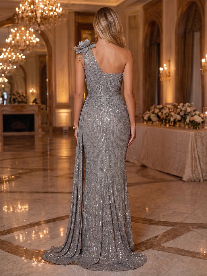 Sequin Mermaid One Shoulder 3D Flowers Ruched Evening Dresses