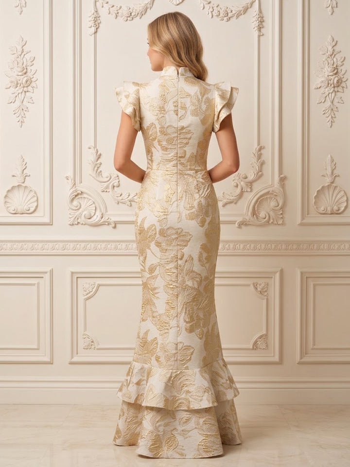 Satin Jacquard Mermaid Halter Ruffles Floral Evening Dresses