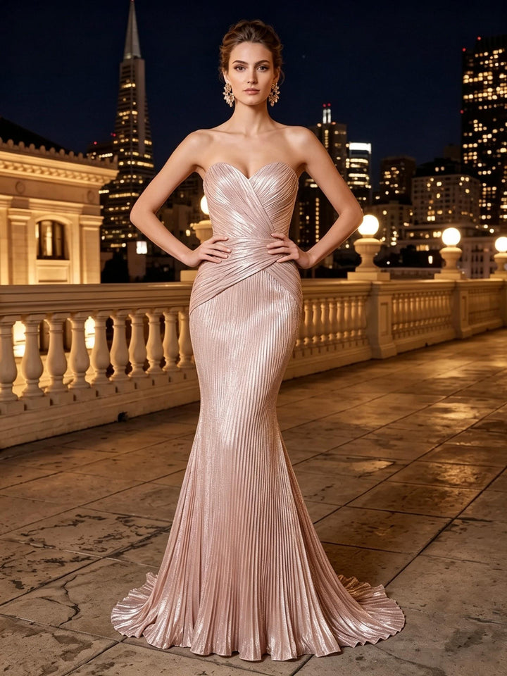 Metallic Satin Mermaid Strapless Pleats Evening Dresses