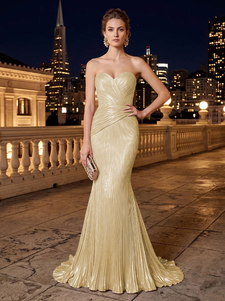 Metallic Satin Mermaid Strapless Pleats Evening Dresses