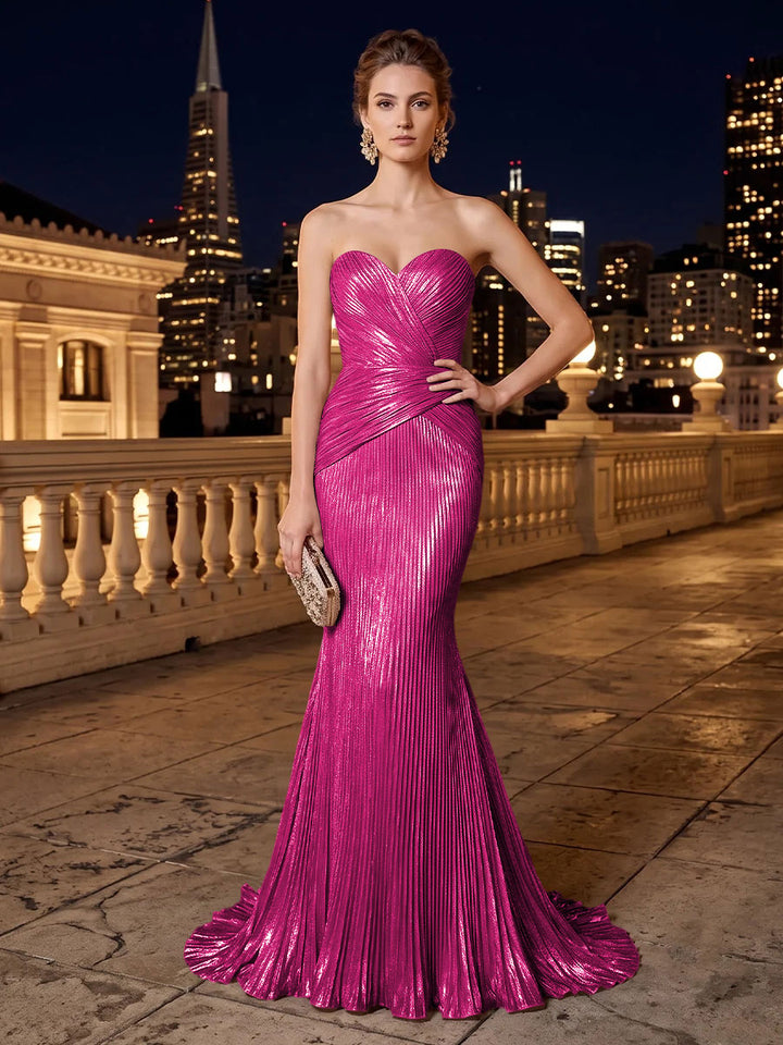 Metallic Satin Mermaid Strapless Pleats Evening Dresses