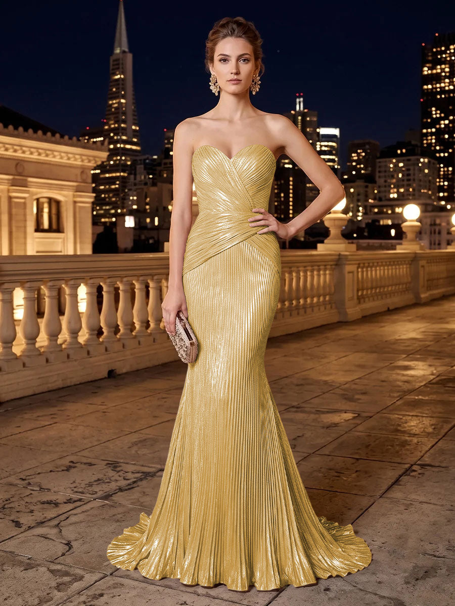 Metallic Satin Mermaid Strapless Pleats Evening Dresses