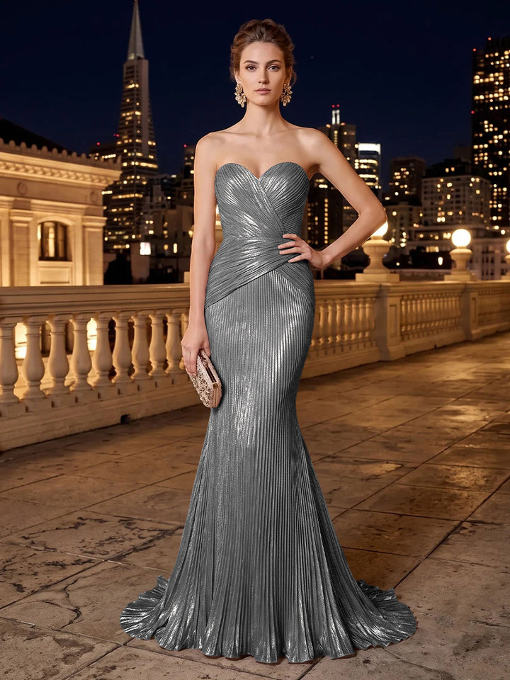 Metallic Satin Mermaid Strapless Pleats Evening Dresses