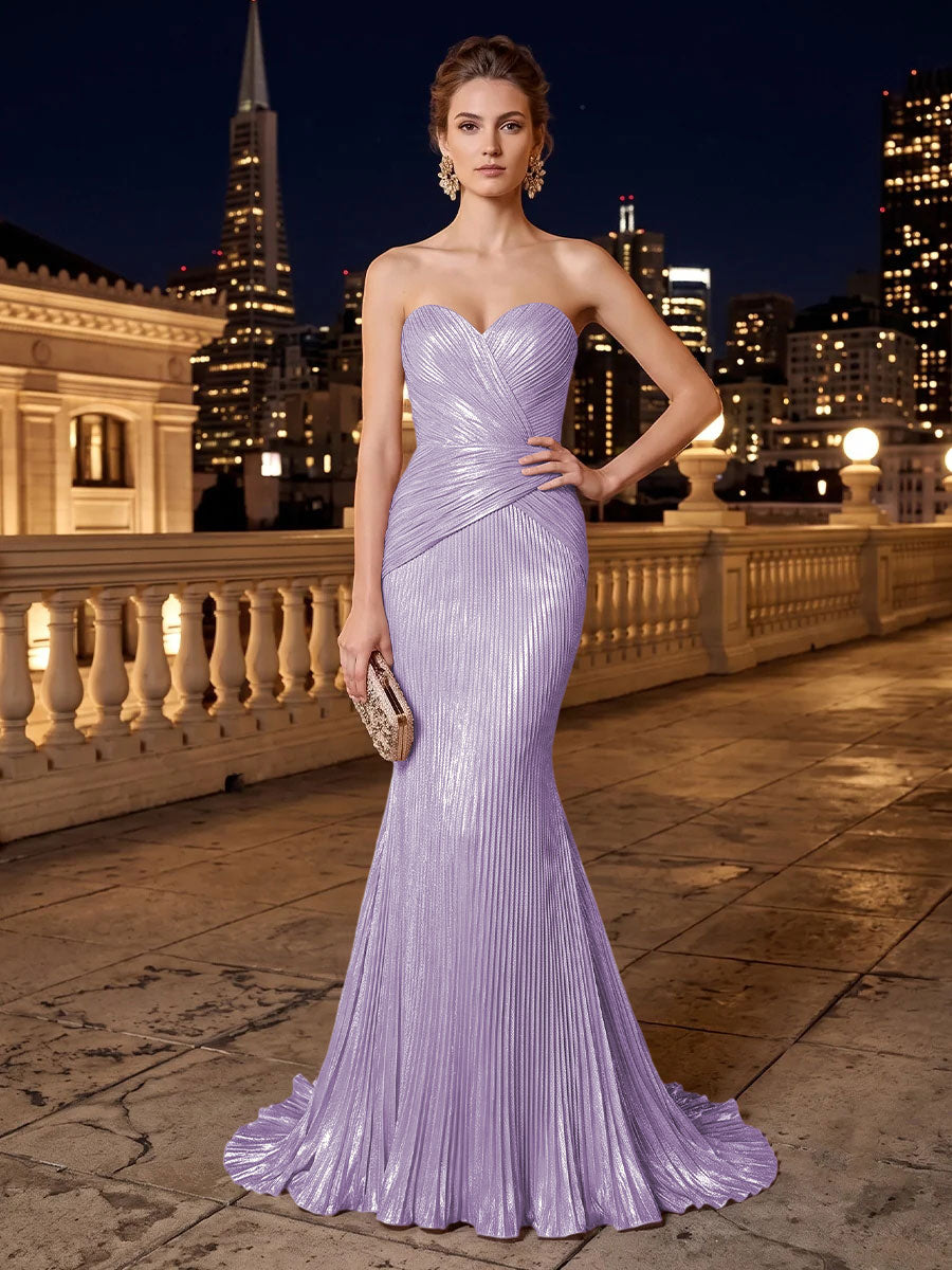 Metallic Satin Mermaid Strapless Pleats Evening Dresses