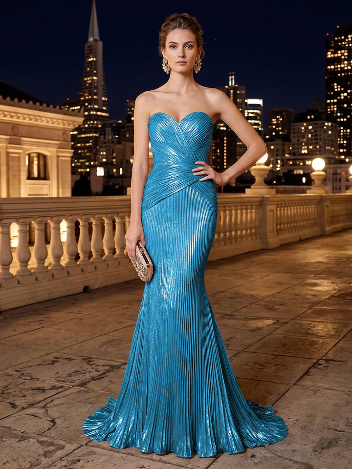 Metallic Satin Mermaid Strapless Pleats Evening Dresses