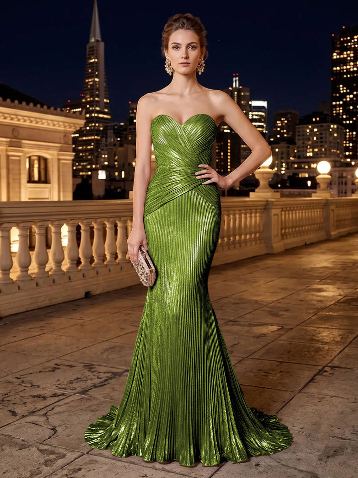 Metallic Satin Mermaid Strapless Pleats Evening Dresses
