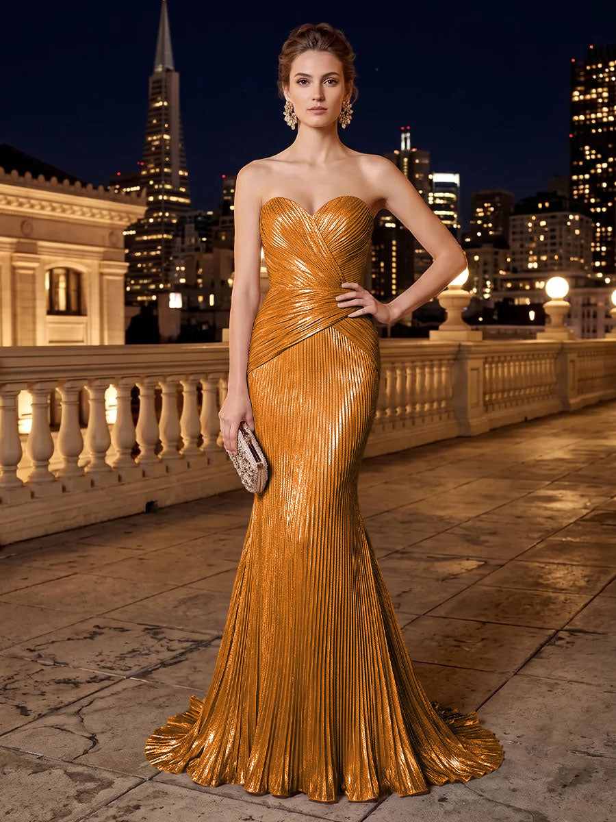 Metallic Satin Mermaid Strapless Pleats Evening Dresses