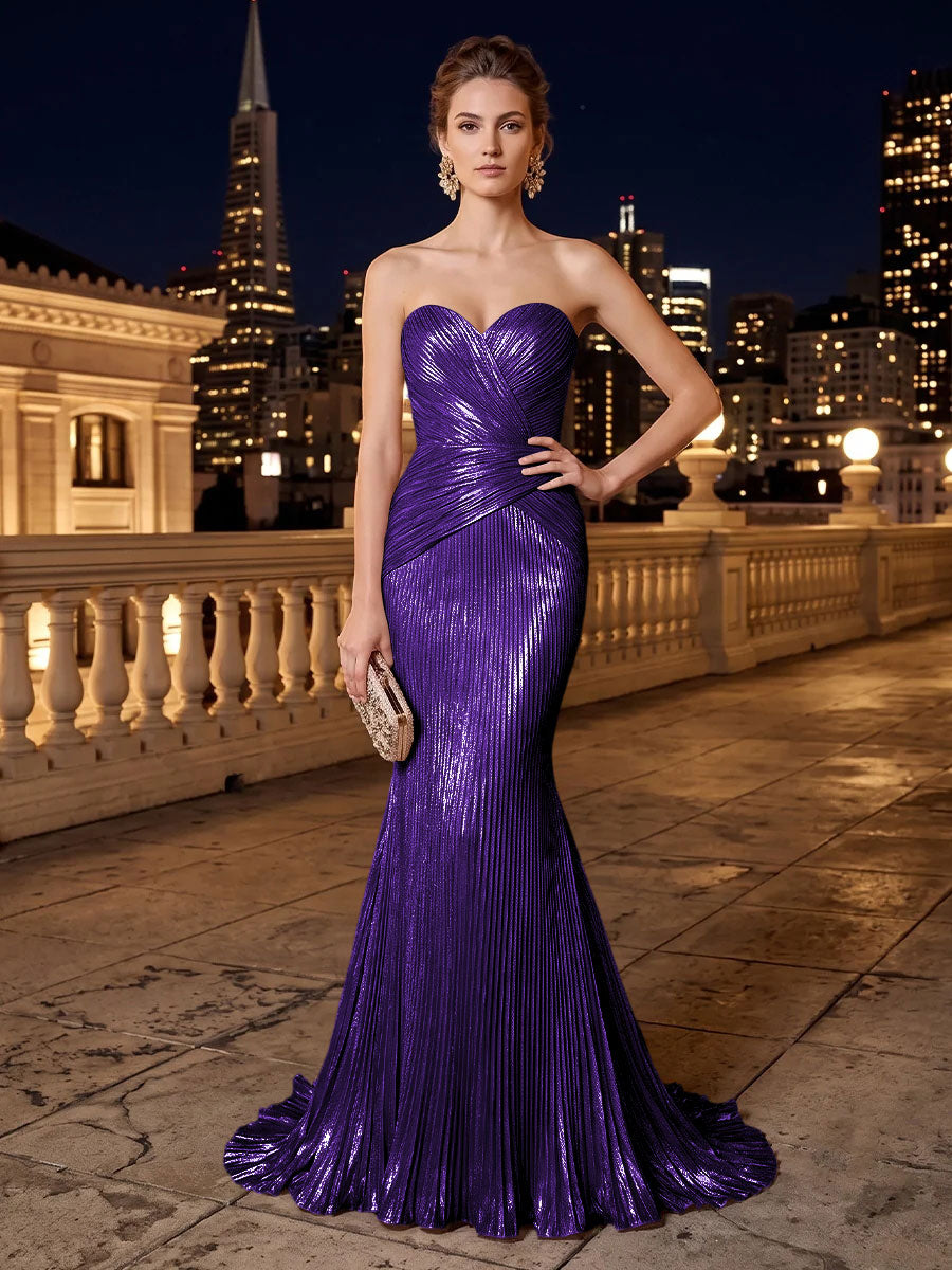 Metallic Satin Mermaid Strapless Pleats Evening Dresses