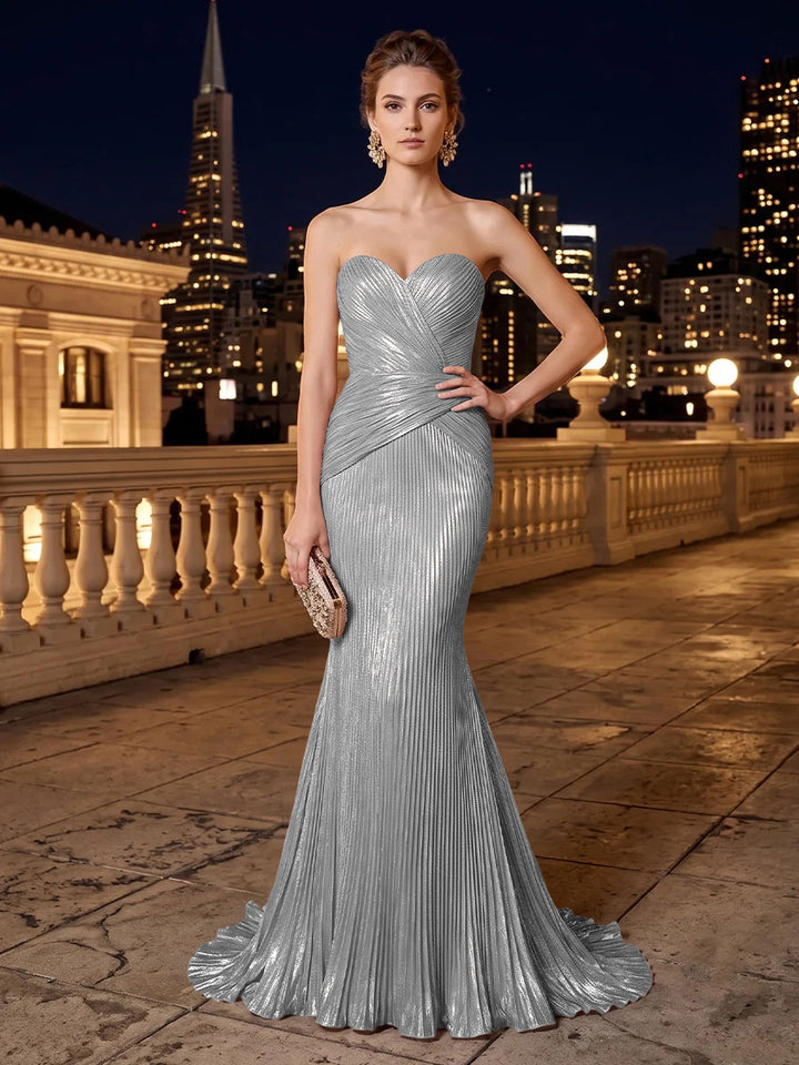 Metallic Satin Mermaid Strapless Pleats Evening Dresses