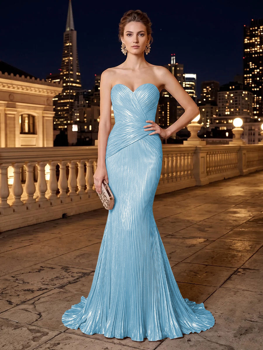 Metallic Satin Mermaid Strapless Pleats Evening Dresses