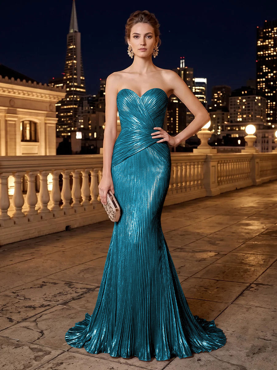 Metallic Satin Mermaid Strapless Pleats Evening Dresses